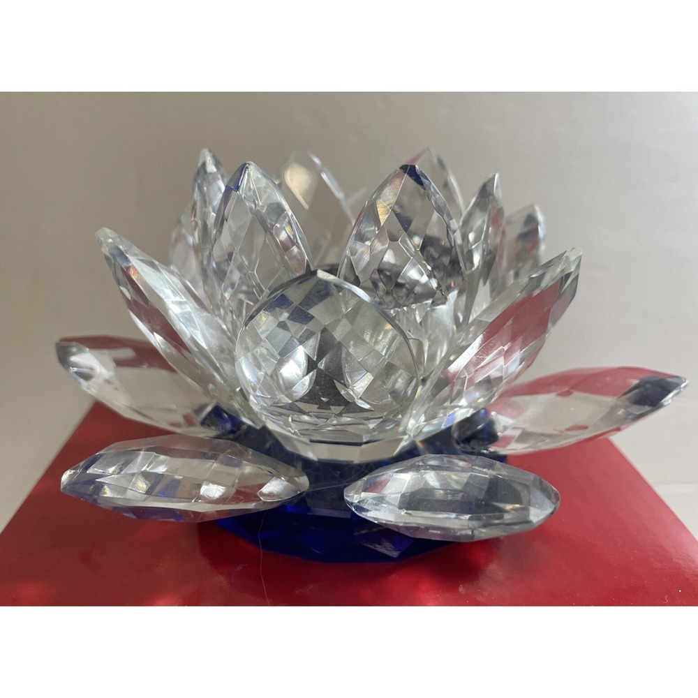 Crystal Clear Water Lily Lotus Flower Candle Holder 5" Wide by 3" Tall Blue Base